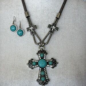 Silver Turquoise Rhinestone Cross Pendant Wire Mesh Necklace Dangle Earring Set